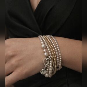 Multi-Strand Taupe & Champagne Pearl Wrap Bracelet w/ Toggle